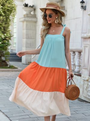 Pleated Sling Dress in Contrast Colors Women
