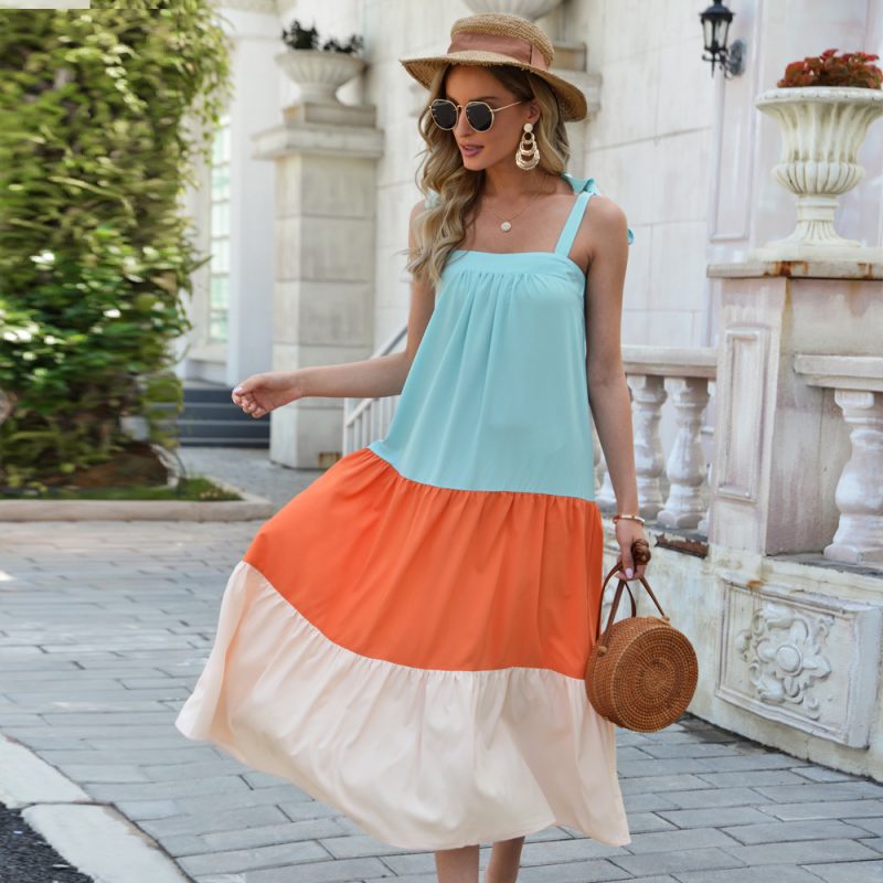 Pleated Sling Dress in Contrast Colors Women