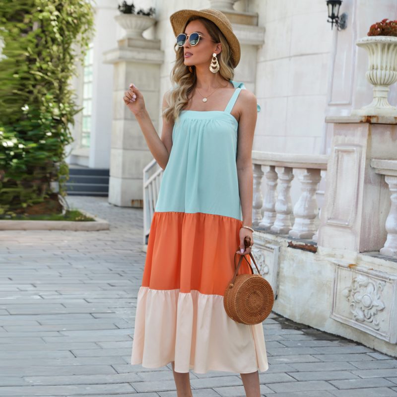Pleated Sling Dress in Contrast Colors Women - Image 2
