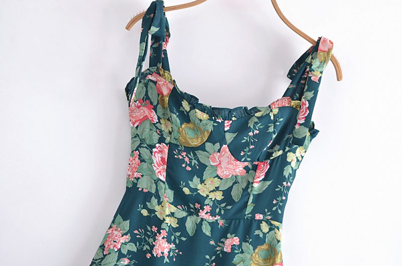 French Floral Slim Fit Lace-Up Summer Dress - Image 2