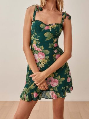 French Floral Slim Fit Lace-Up Summer Dress