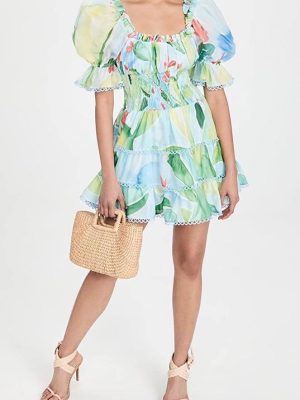 Spring Summer Printed Square Collar Tiered A-Line Dress