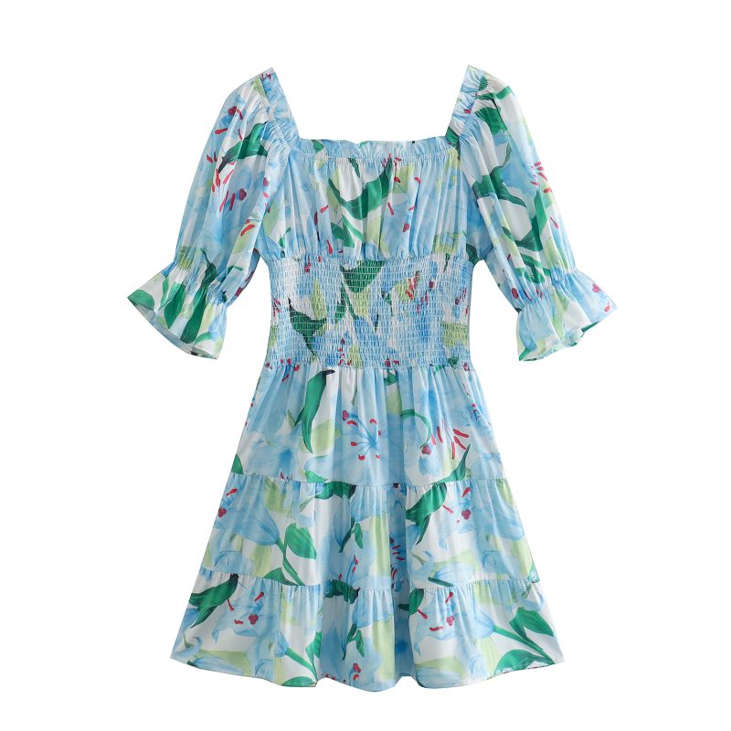 Spring Summer Printed Square Collar Tiered A-Line Dress - Image 2