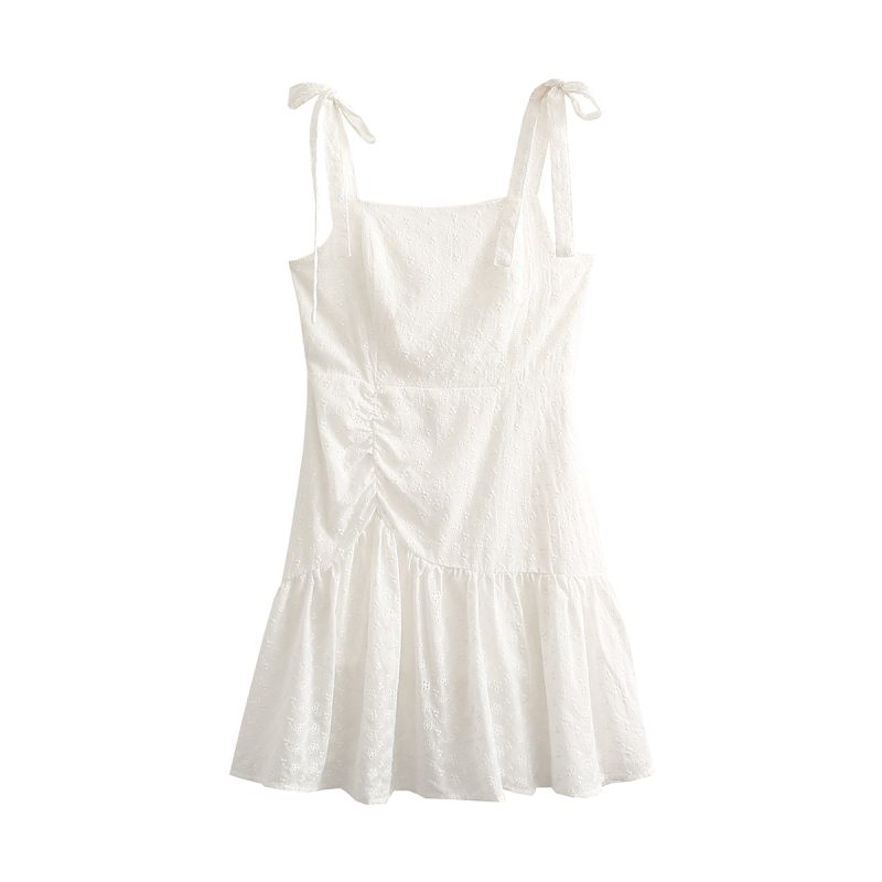 Spring Eyelet Embroidery Square Neck Strap Dress - Image 3