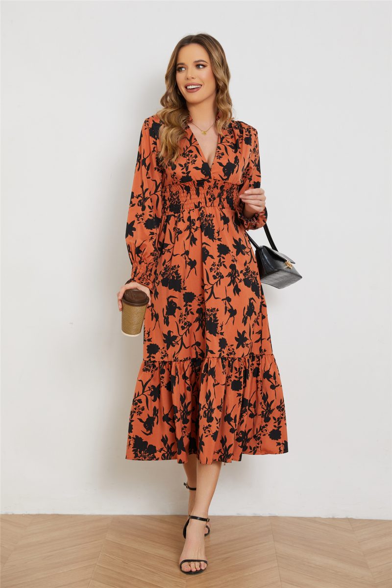 Autumn Floral V-Neck High Waist Dress - Image 4