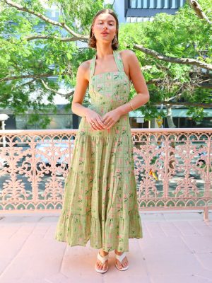 Sweet Printed Sleeveless Halter Backless A-Line Dress