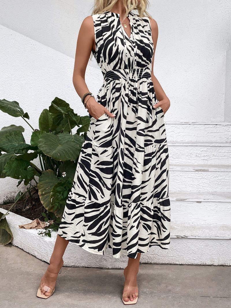 Elegant Zebra Print V-Neck Sleeveless Dress - Image 2