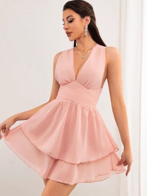 Chiffon Pink Backless Short Dress