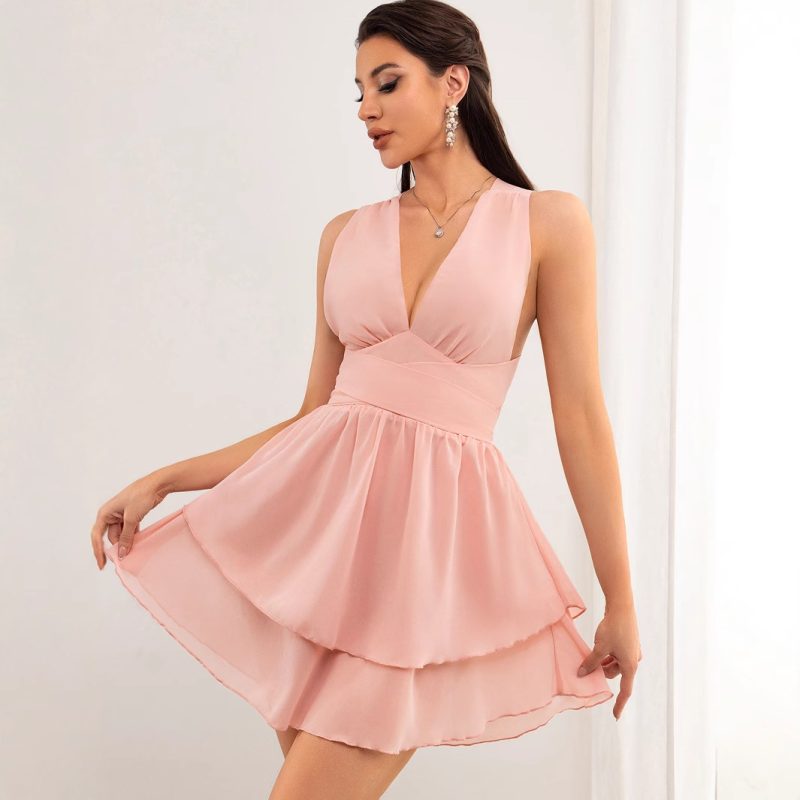 Chiffon Pink Backless Short Dress
