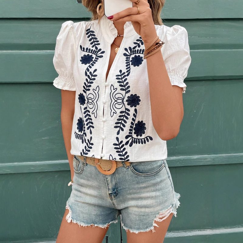 Spring Summer Cotton Embroidered Buckle Puff Sleeve Cardigan