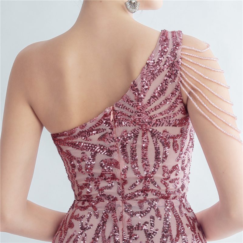 Silk Satin Floral Beaded Oblique Shoulder Fishtail Evening Dress - Image 2