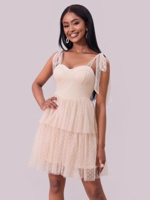 Women's Evening Mesh Dress with Lace-Up Shoulders