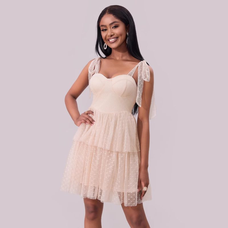 Women's Evening Mesh Dress with Lace-Up Shoulders