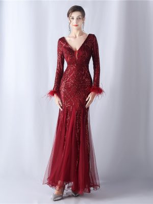 High-End Ostrich Hair Mesh Sequin Evening Dress