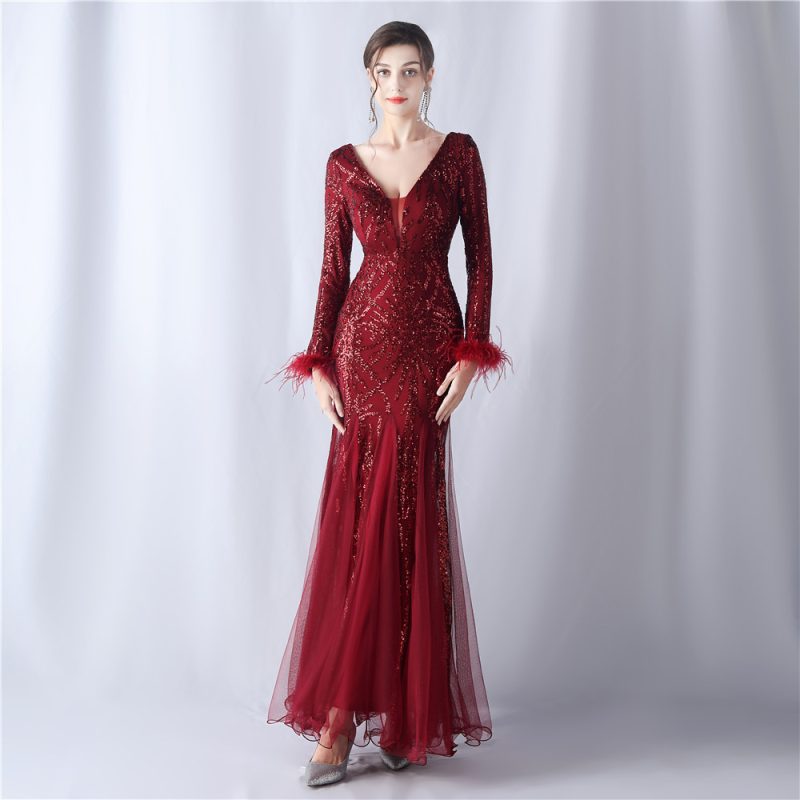 High-End Ostrich Hair Mesh Sequin Evening Dress