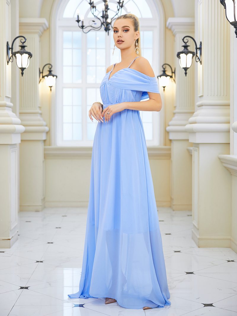 Elegant Solid Chiffon V-Neck Strap Long Dress - Image 4