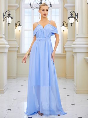 Elegant Solid Chiffon V-Neck Strap Long Dress