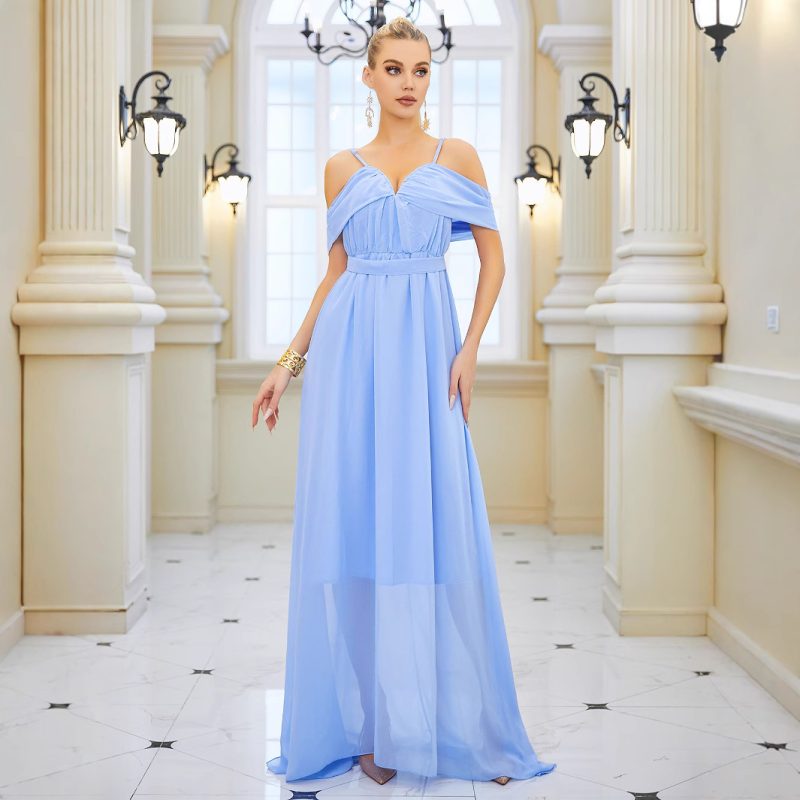Elegant Solid Chiffon V-Neck Strap Long Dress