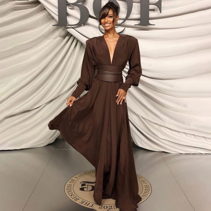 Chocolate Color Pleated Dress for Spring Summer - Image 2