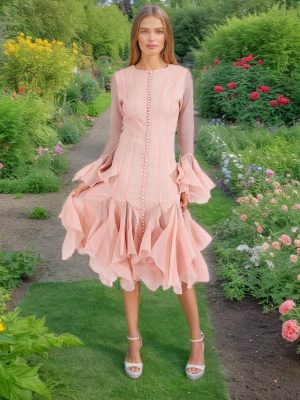 Spring Ruffle Dress with Flared Slim Sleeves