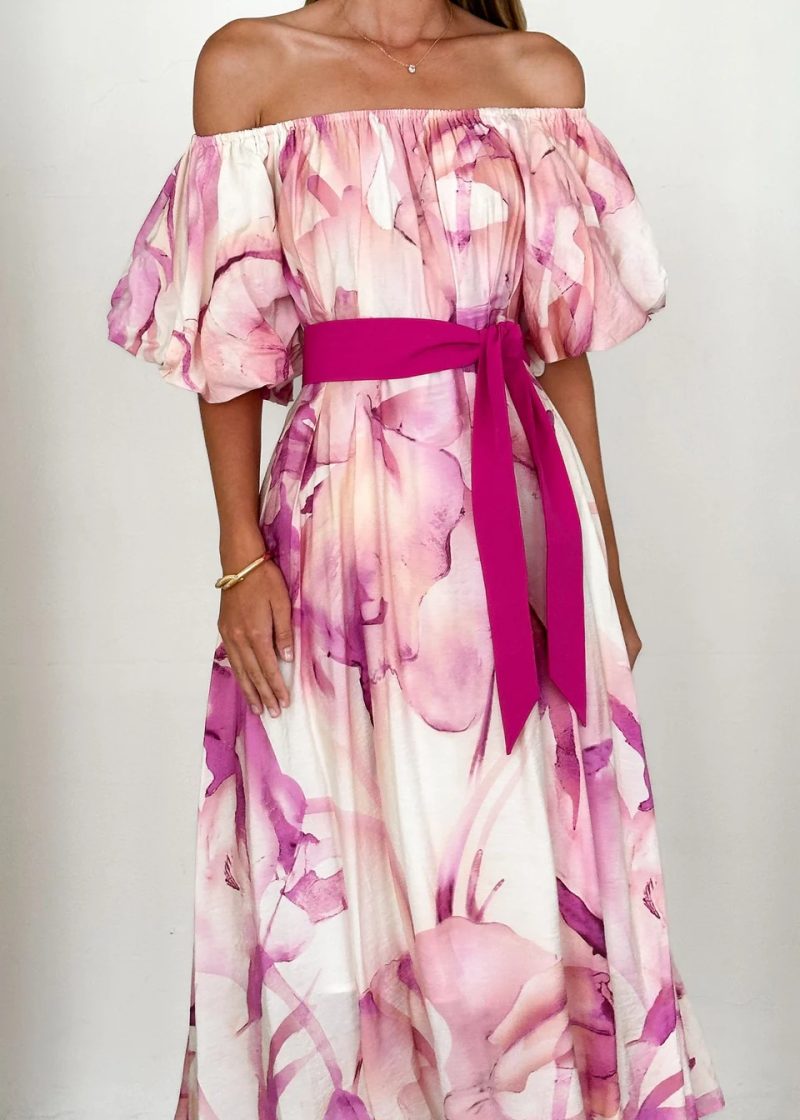 Elegant Summer Off-Shoulder Puff Sleeve Printed Swing Dress - Image 2