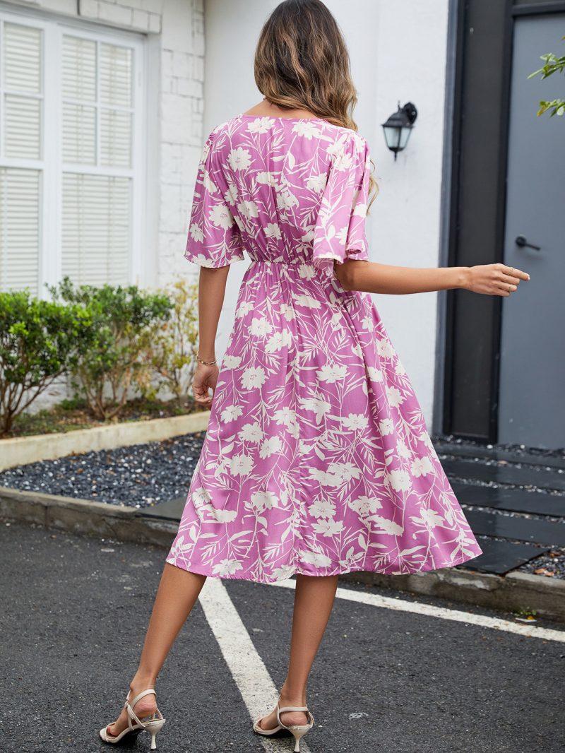 Rayon V-Neck Tight Waist Swing Dress - Image 3