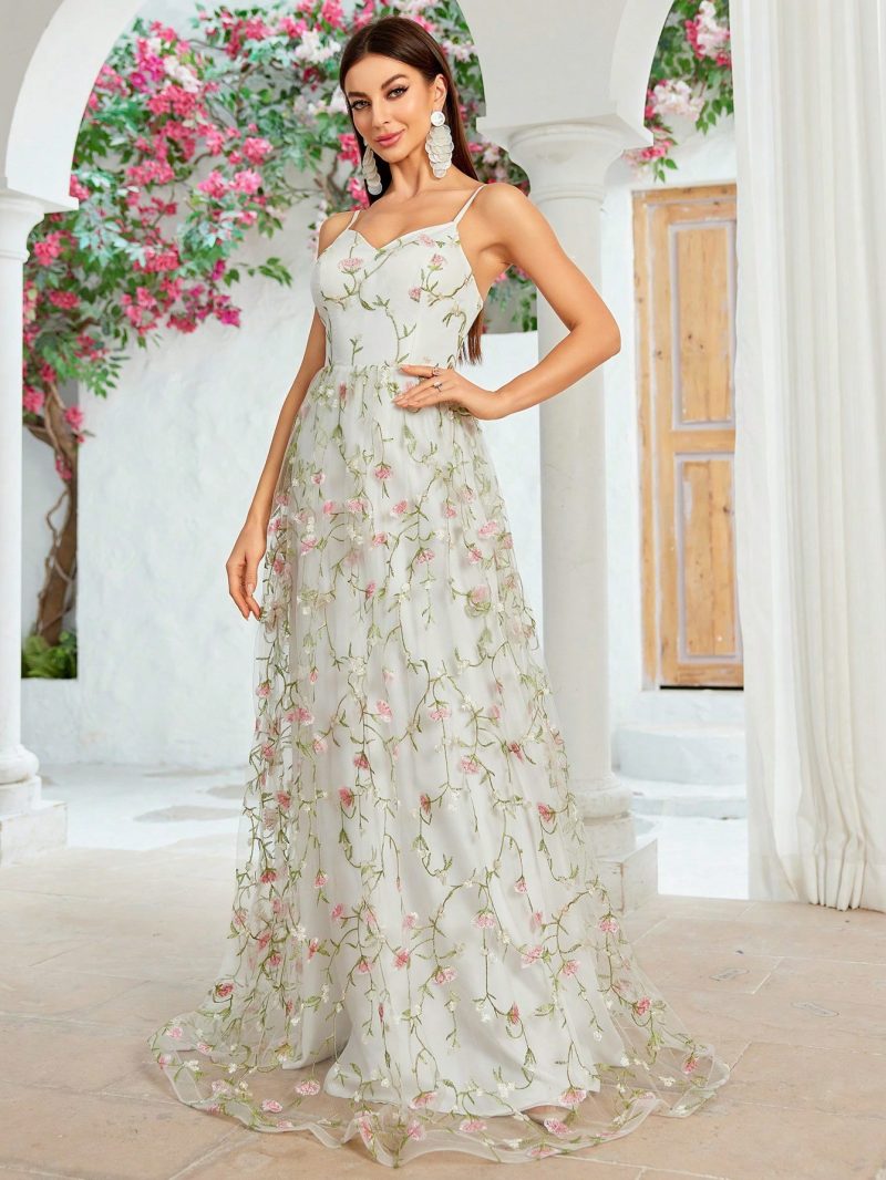 Elegant Embroidered Ball Dress with Sheer Mesh Layers - Image 4