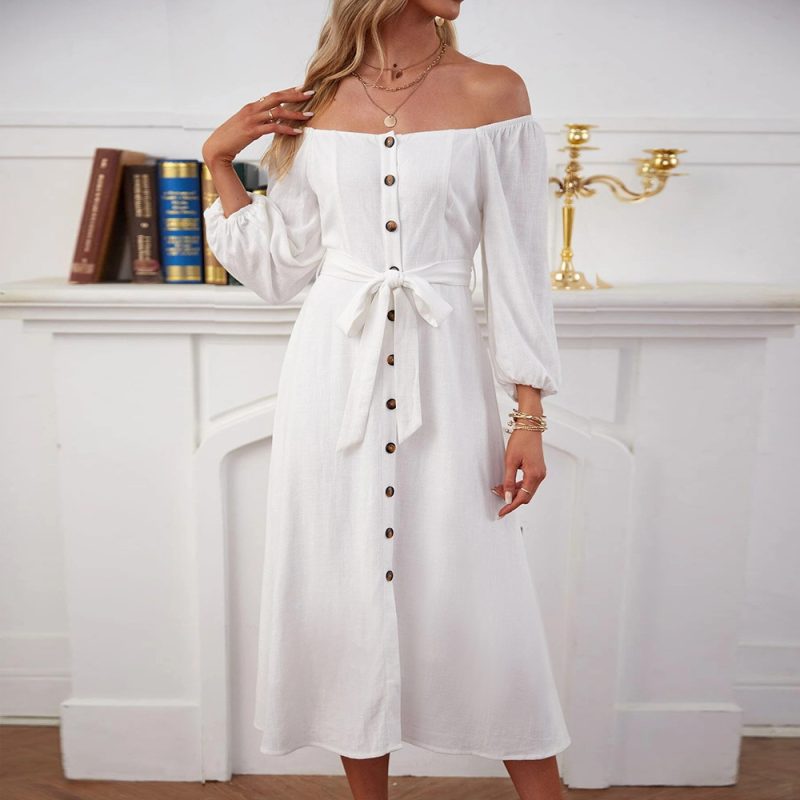 Office Off Neck Buttoned Split Midi Dress - Image 3