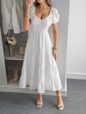 Casual Summer Puff Sleeve Maxi Dress