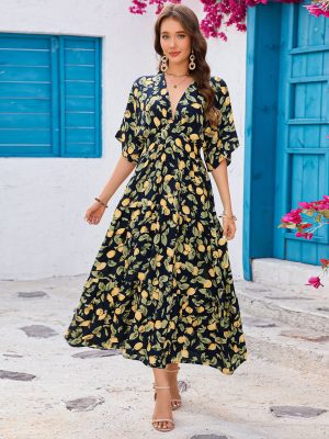 Batwing Sleeve V-Neck Slimming Maxi Dress