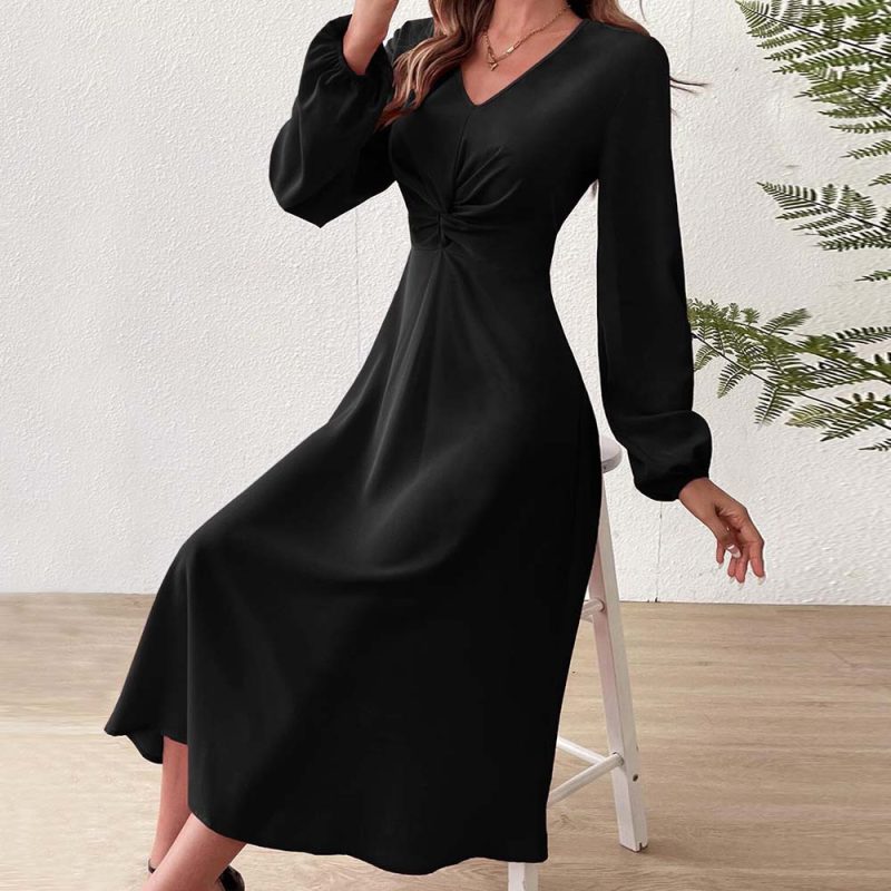 Elegant French V-Neck High Waist Midi Dress - Image 4