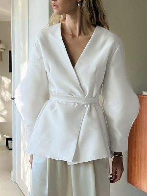 Elegant French Design Spring Long Sleeve V-Neck Top
