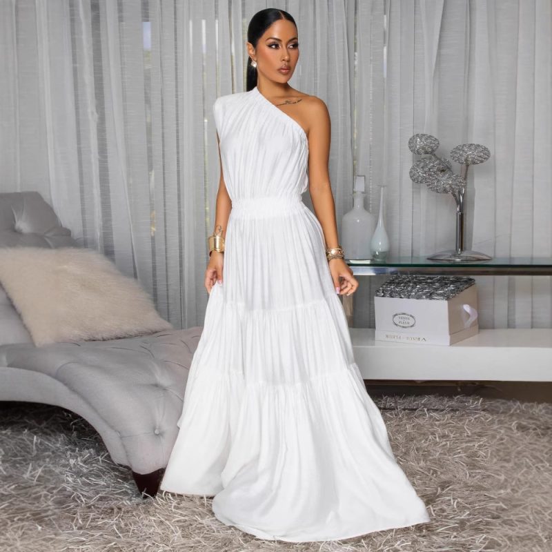Elegant Solid Shoulder Stitch Dress for Vacation