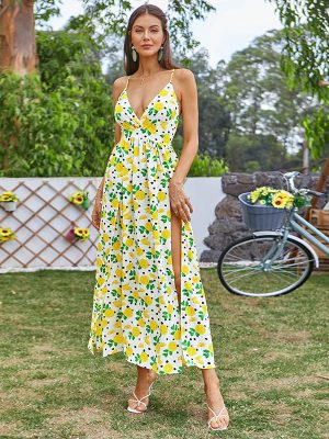 Floral Deep V High Slit Maxi Dress