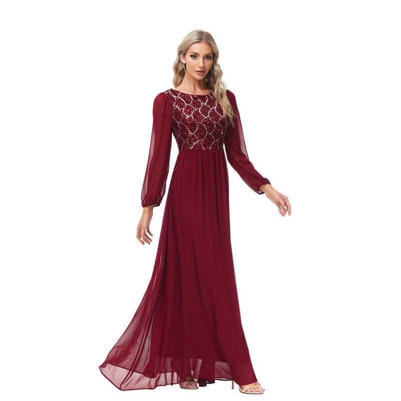 Elegant Long Sleeve Chiffon Sequin A-Line Evening Dress - Image 3