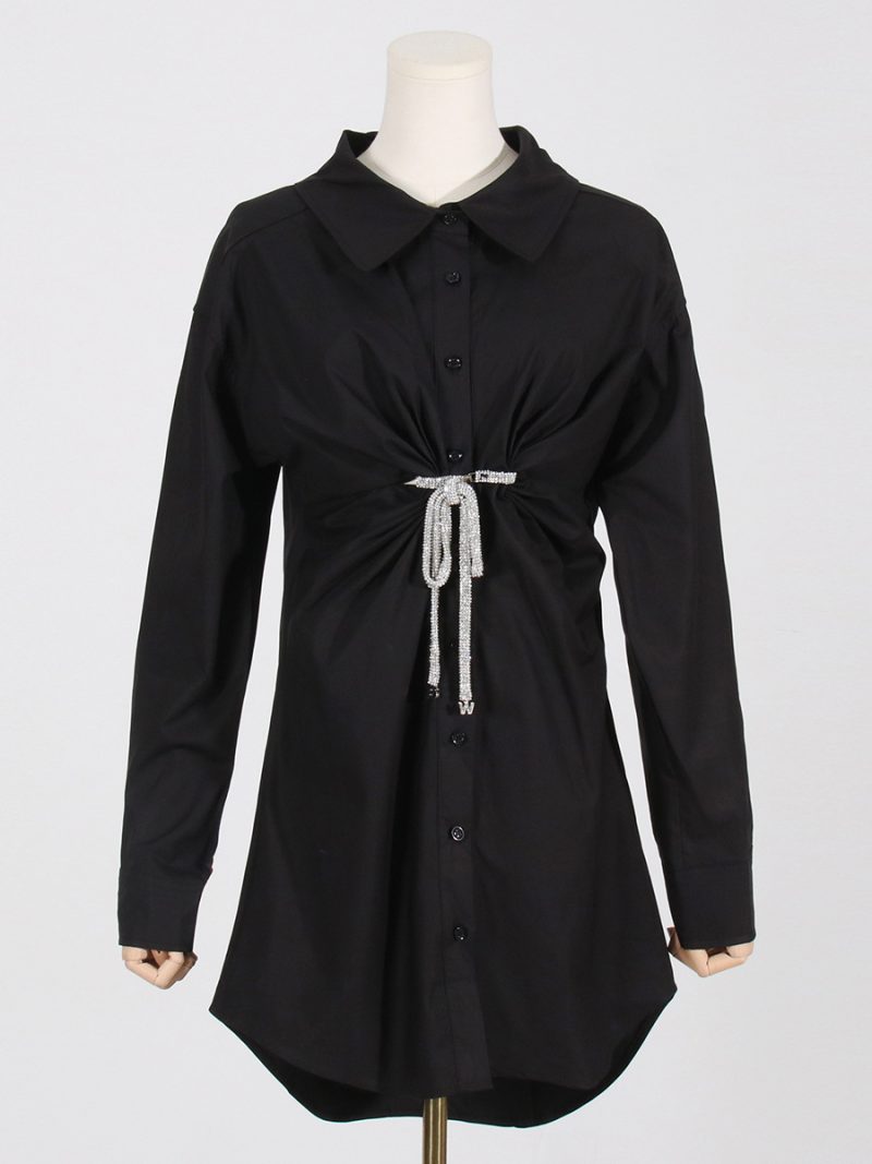 Spring Polo Collar Crystal Embellished Shirt Dress - Image 3