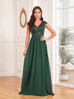 Green Chiffon Sleeve Slim Fit Fishtail Maxi Dress