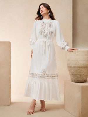 Elegant Embroidered High Waist Summer Dress