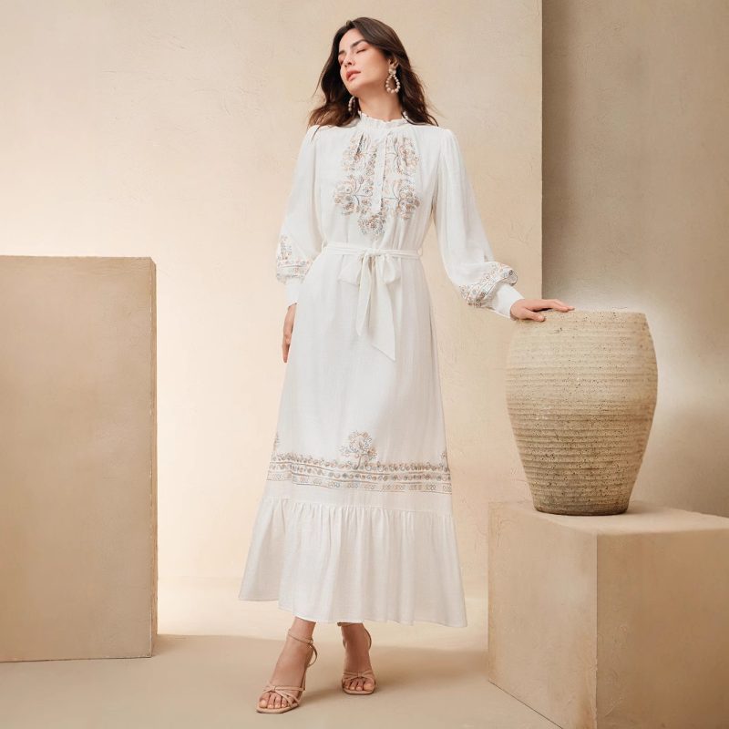 Elegant Embroidered High Waist Summer Dress