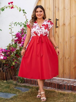 Plus Size Red Printed Stitching Dress