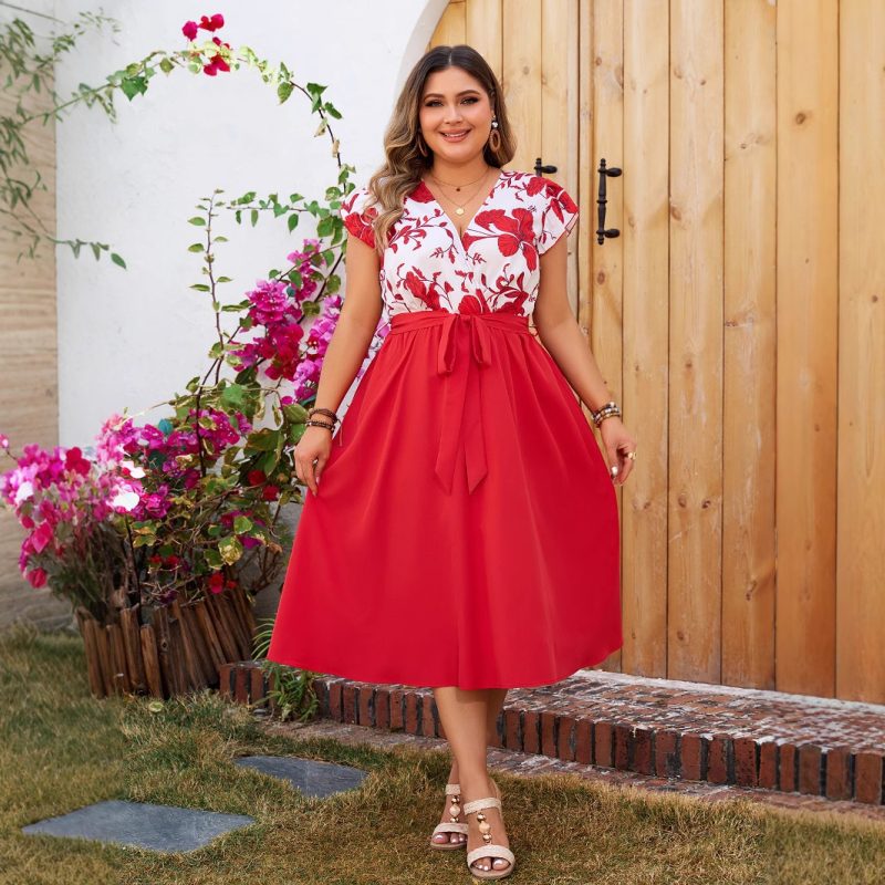 Plus Size Red Printed Stitching Dress