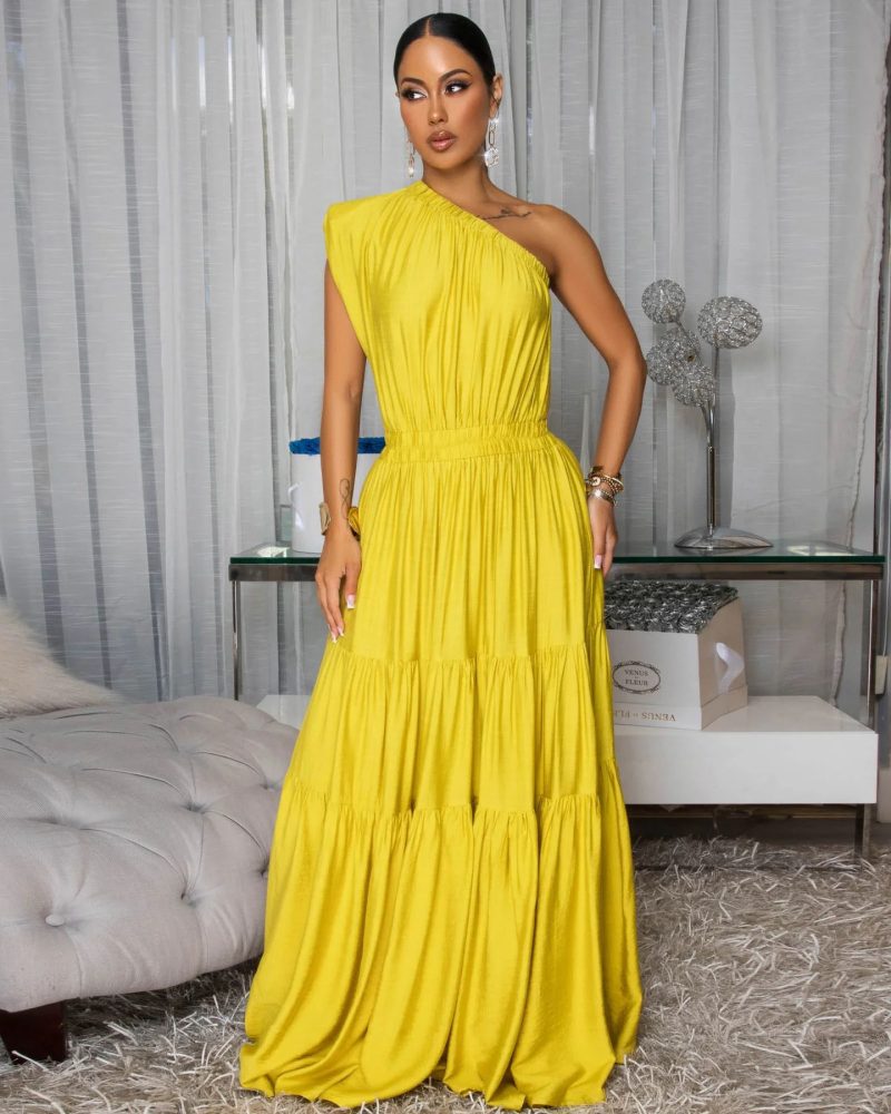 Elegant Solid Shoulder Stitch Dress for Vacation - Image 3