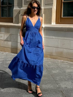 French Blue Cotton Linen V-Neck Dress