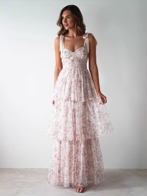 Middle East Pink Floral Backless Sling Dress