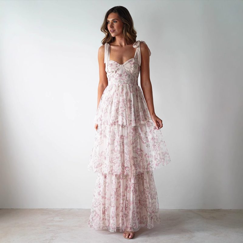 Middle East Pink Floral Backless Sling Dress