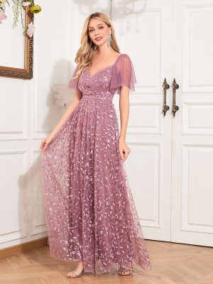 Elegant Sheer Sleeve Embroidered V-Neck Evening Dress