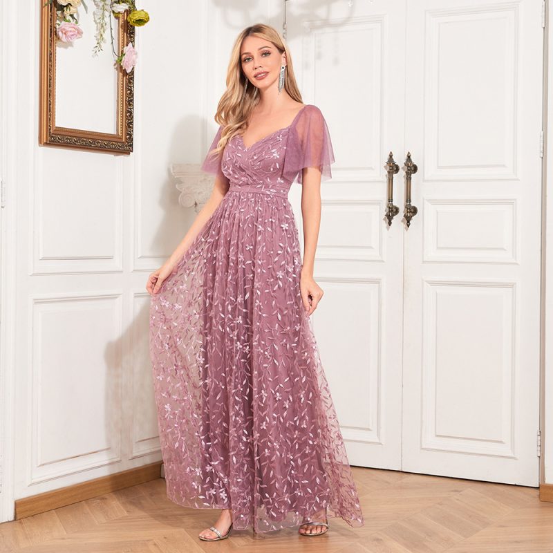 Elegant Sheer Sleeve Embroidered V-Neck Evening Dress
