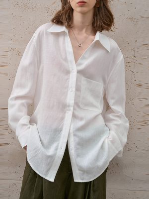 Lightweight Pure Linen Polo Collar Loose Long Sleeve Shirt