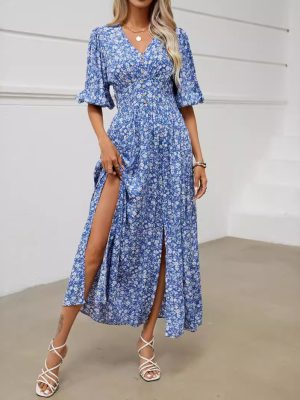 Boho V-Neck Lantern Sleeve Beach Dress