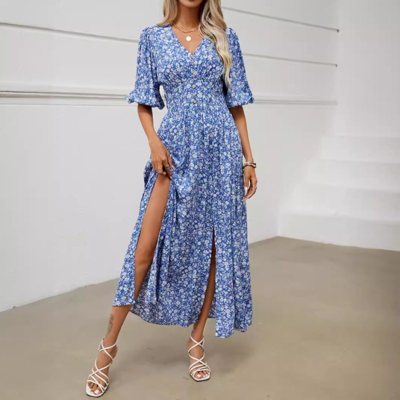 Boho V-Neck Lantern Sleeve Beach Dress
